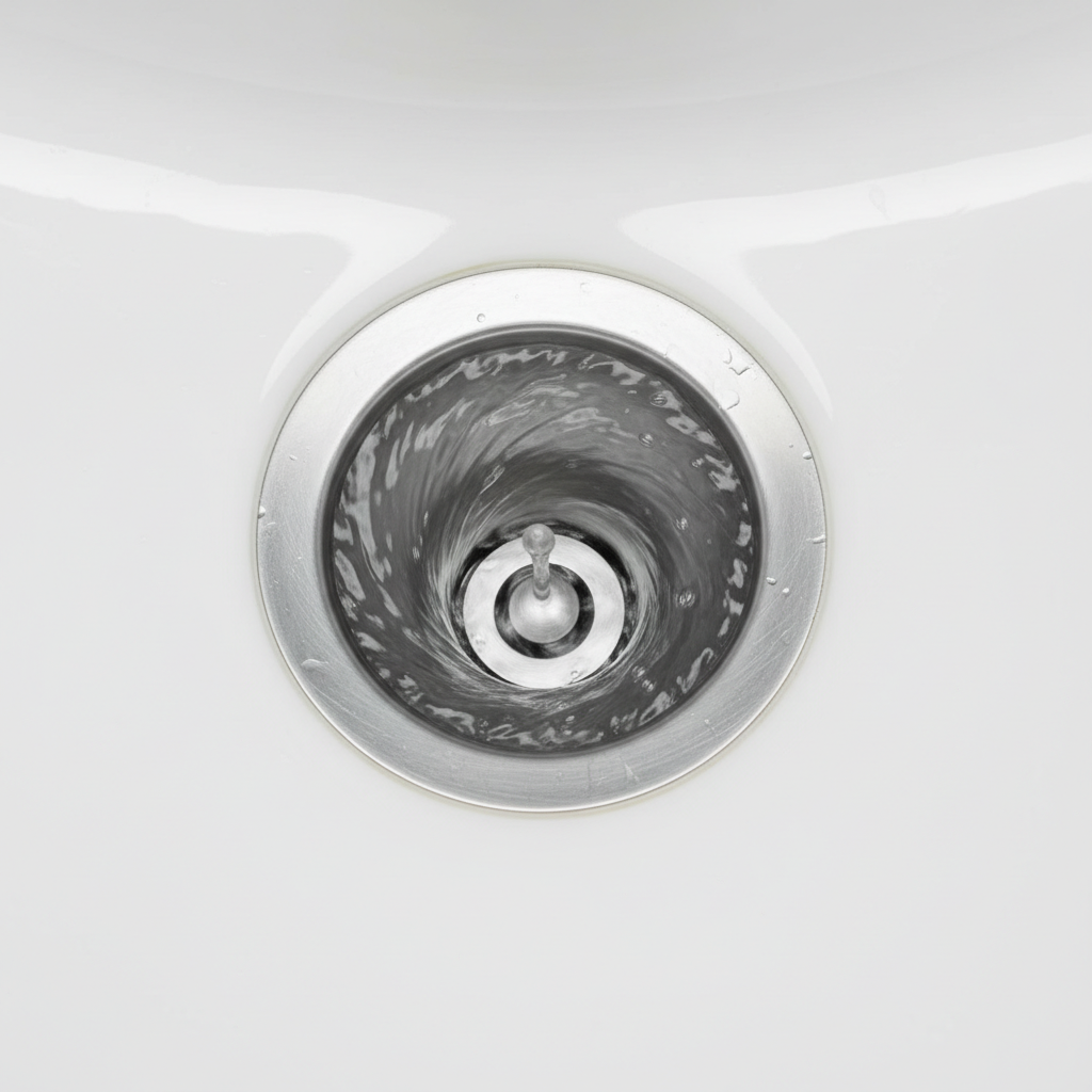 Clean modern drain with swirling water