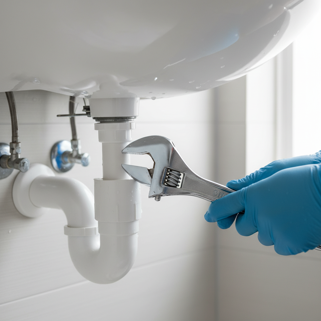 Plumber tightening a pipe under sink